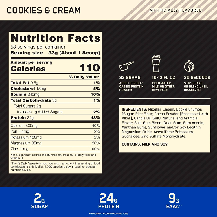 Казеин Optimum Nutrition Gold Standard 100% CASEIN, Cookies & Cream 3.85lb/1.74кг photo 2