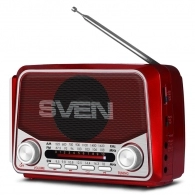 SVEN SRP-525 Red, FM/AM/SW Radio, 3W RMS, 8-band radio receiver, built-in audio files player from USB-fash, microSD and SD card storage devices, telescopic swivel antenna, built-in battery