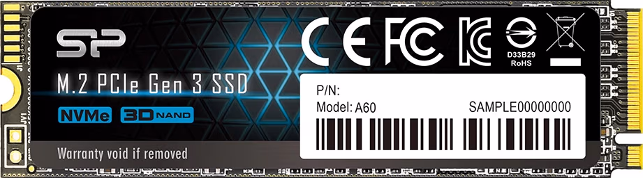 M.2 NVMe SSD 128GB Silicon Power A60, Interface: PCIe3.0 x4 / NVMe1.3, M2 Type 2280 form factor, Sequential Reads 2100 MB/s, Sequential Writes 1400 MB/s, MTBF 2mln, HMB, SLC Cashe, E2E Data Protection, SP Toolbox, SM2263XT, 3D NAND TLC 