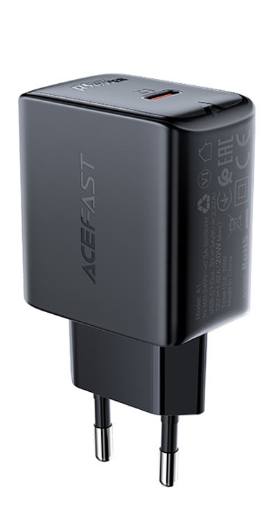USB Charger  ACEFAST A1, Single port, USB-C, PD3.0 20W, Total output: 20W, QC3.0, Black photo 1