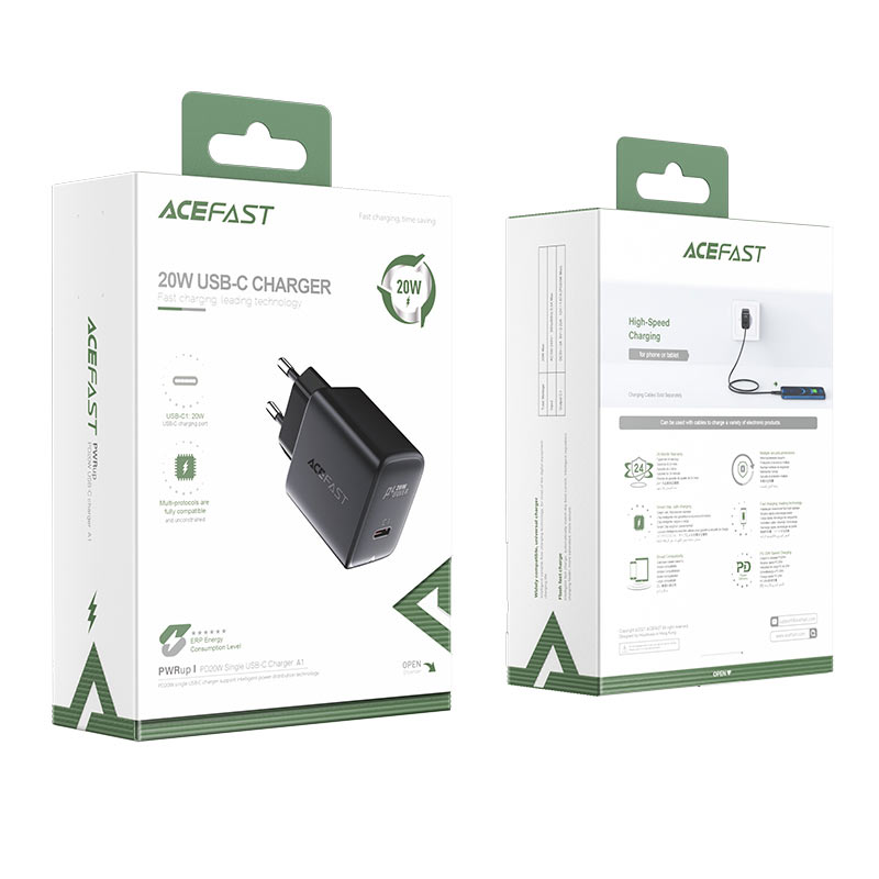 USB Charger  ACEFAST A1, Single port, USB-C, PD3.0 20W, Total output: 20W, QC3.0, Black photo 5