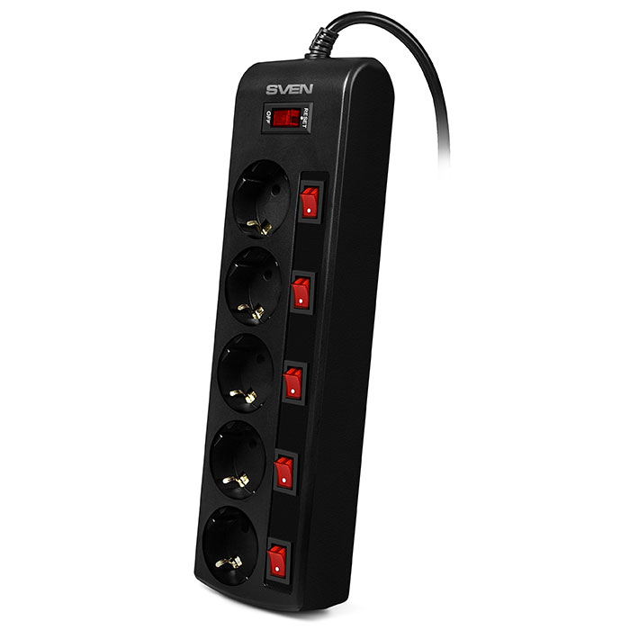 Surge Protector SVEN SF-05PL, 5 Sockets, 1.8m, individual switches, Black photo 1 Surge Protector SVEN SF-05PL, 5 Sockets, 1.8m, individual switches, Black photo 1