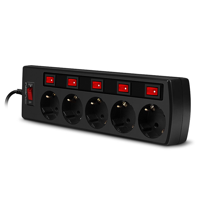 Surge Protector SVEN SF-05PL, 5 Sockets, 1.8m, individual switches, Black photo 2
