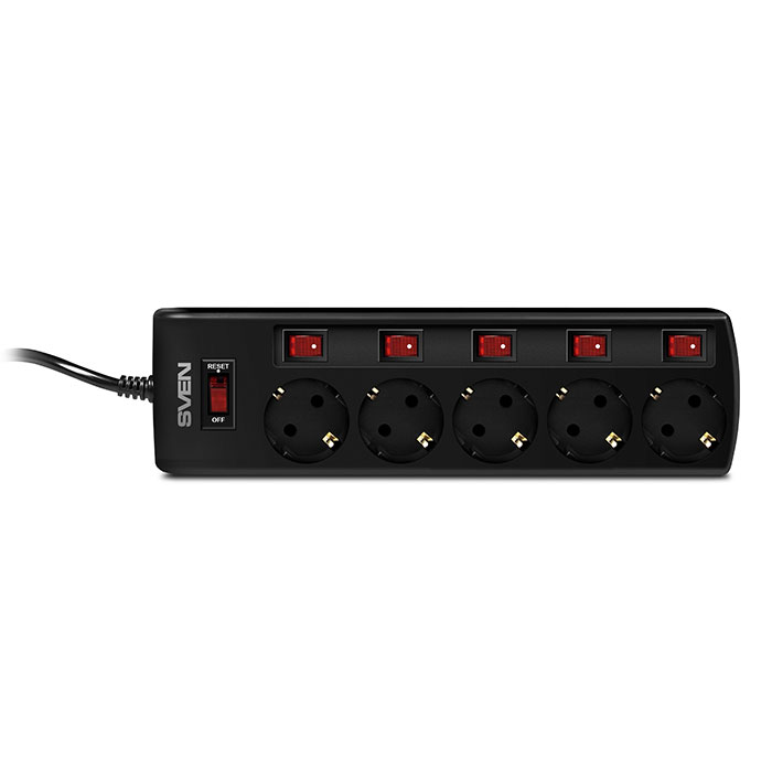 Surge Protector SVEN SF-05PL, 5 Sockets, 1.8m, individual switches, Black photo 3