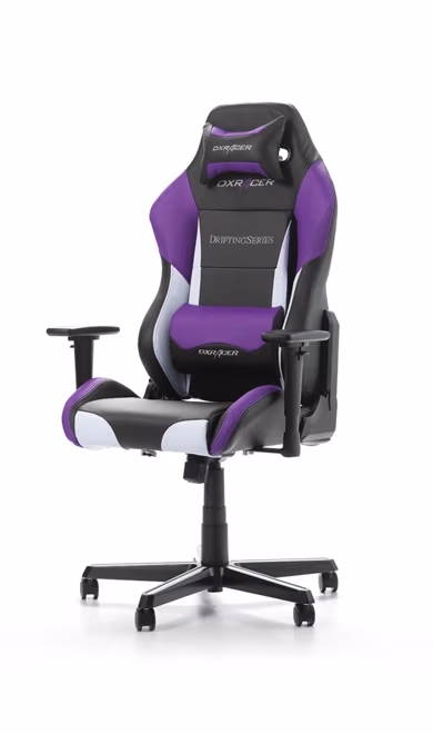 Gaming/Office Chair DXRacer Drifting GC-D61-NWV-M3, Black/White/Violet, Premium PU leather, max weight up to 150kg / height 145-175cm, Recline 90°-135°, 3D Armrests, Head and Lumber cushions, Aluminium wheelbase, 2" PU Caster, W-23.5kg 
