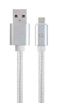 Cable microUSB2.0 Cotton braided - 1.8m - Cablexpert CCB-mUSB2B-AMBM-6-S, Silver, Professional series, USB 2.0 A-plug to Micro B-plug, blister