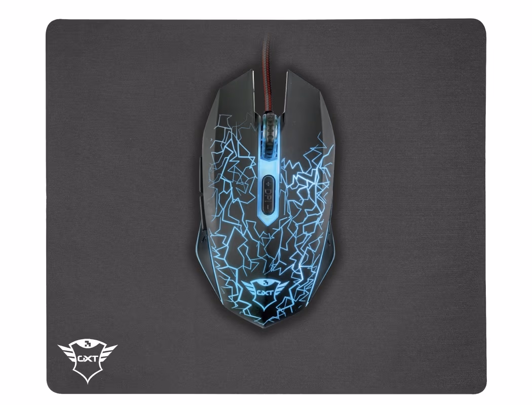 Trust GXT 783 Izza Gaming Mouse & Mouse Pad (245x210), Fully illuminated top, Rubberized top cover for a firm grip,  800 - 2400 dpi, 6 button, USB, Black
