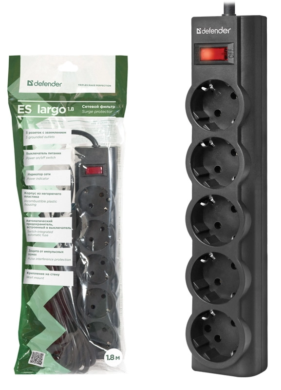 Сетевой фильтр Defender Largo ES1.8m Black