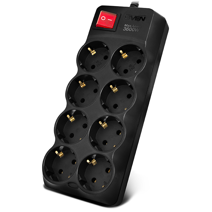 Surge Protector SVEN SF-08-16, 8 Sockets, 1.8m, Black photo 1