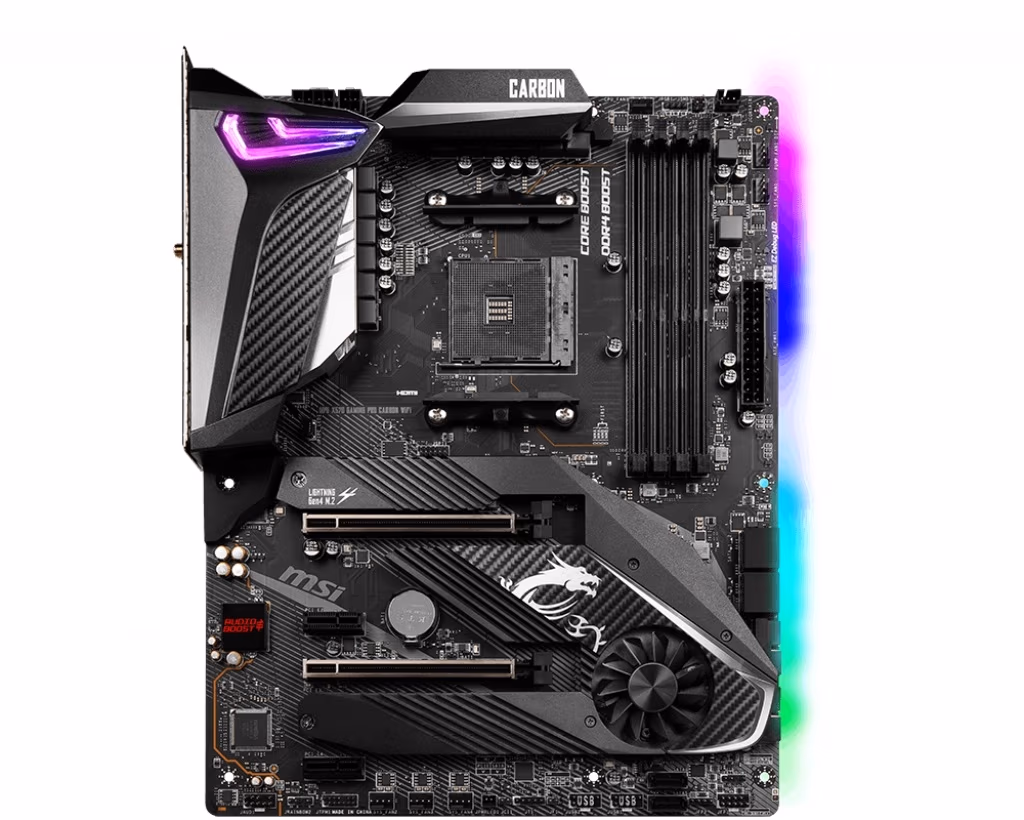 MSI MPG X570 GAMING PRO CARBON WIFI, Socket AM4, AMD X570, Dual 4xDDR4-4400+, APU AMD graphics, HDMI, 2xPCIe4.0 X16, 6xSATA3, RAID, 2xM.2 Gen4.0x4 slot, 2xPCIe X1, ALC1220HDA,GbE LAN/WiFi6, 4xUSB3.2 Gen1, 4xUSB3.2 Gen2(TypeA+C), RGB Mystic Light, ATX 