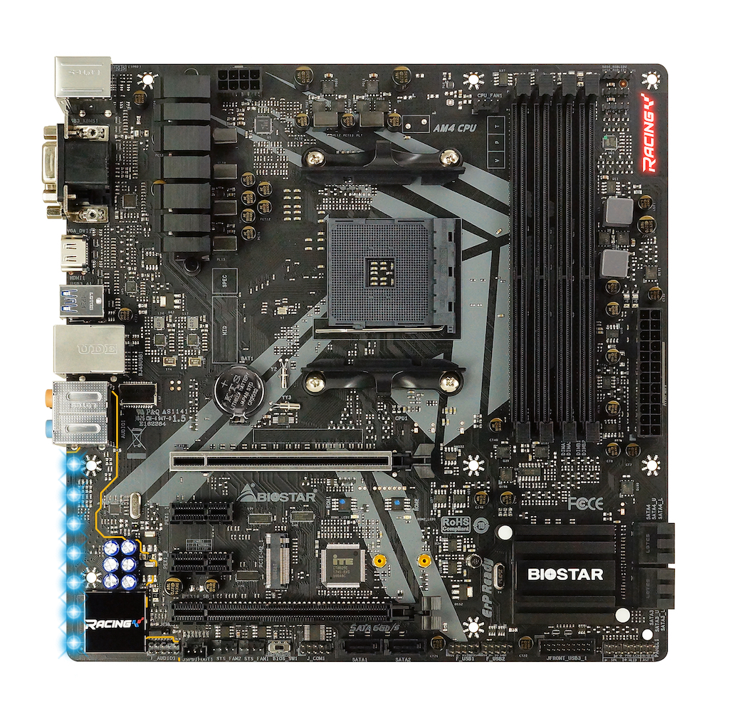 BIOSTAR Racing B450GT3, Socket AM4, AMD B450, Dual 4xDDR4-3200, APU AMD graphics, VGA, DVI, HDMI, 2xPCIe X16, 6xSATA3, RAID, 1x M.2, 2xPCIe X1, ALC1150 HDA, GbE LAN, 2xUSB3.1 Gen2 TypeC+A, 4xUSB3.2, Vivid Led DJ, 105W, mATX photo 1