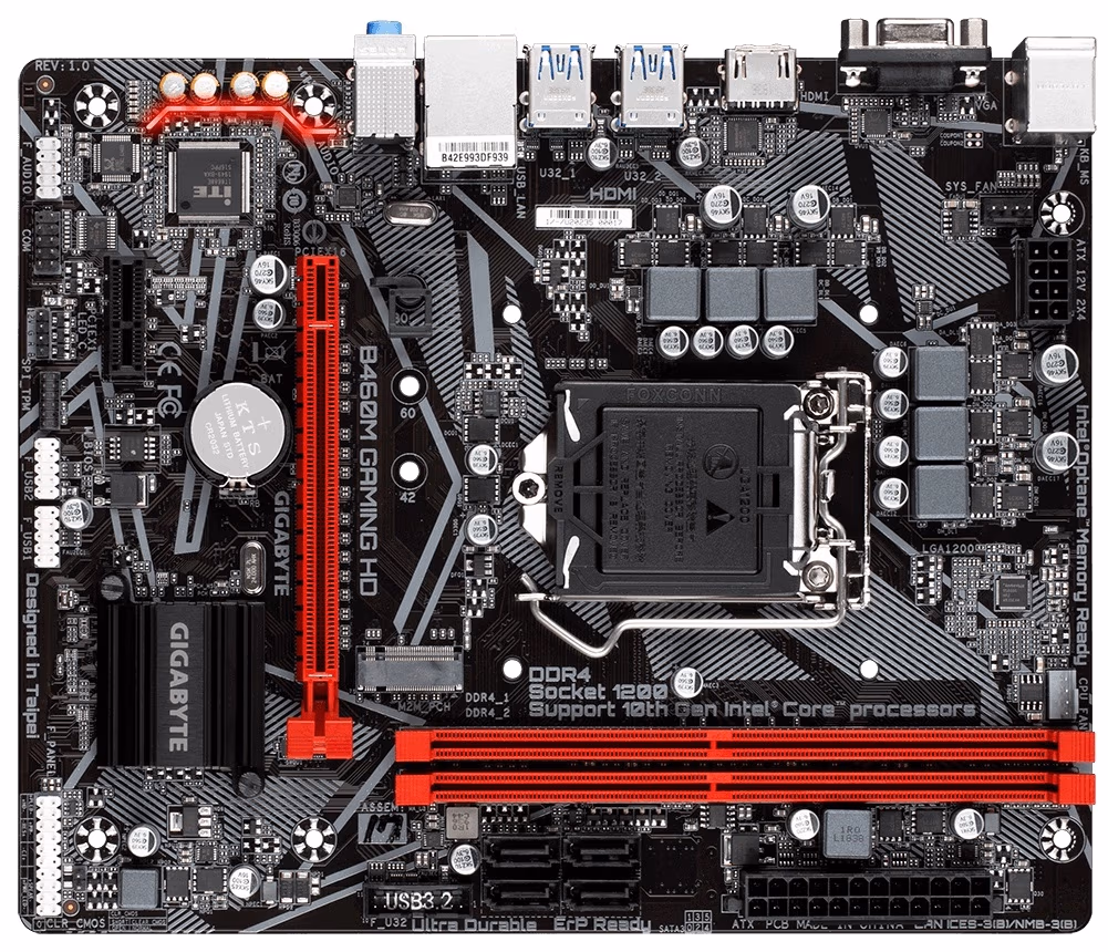 GIGABYTE B460M GAMING HD, Socket 1200, Intel® B460 (10th Gen CPU), Dual 2xDDR4-2933, CPU Intel graphics, VGA, HDMI, 1xPCIe X16, 4xSATA3, RAID, 1xM.2, 1xPCIe X1, ALC887 HDA, 1xGbE LAN, 6xUSB3.2, RGB Led, mATX 