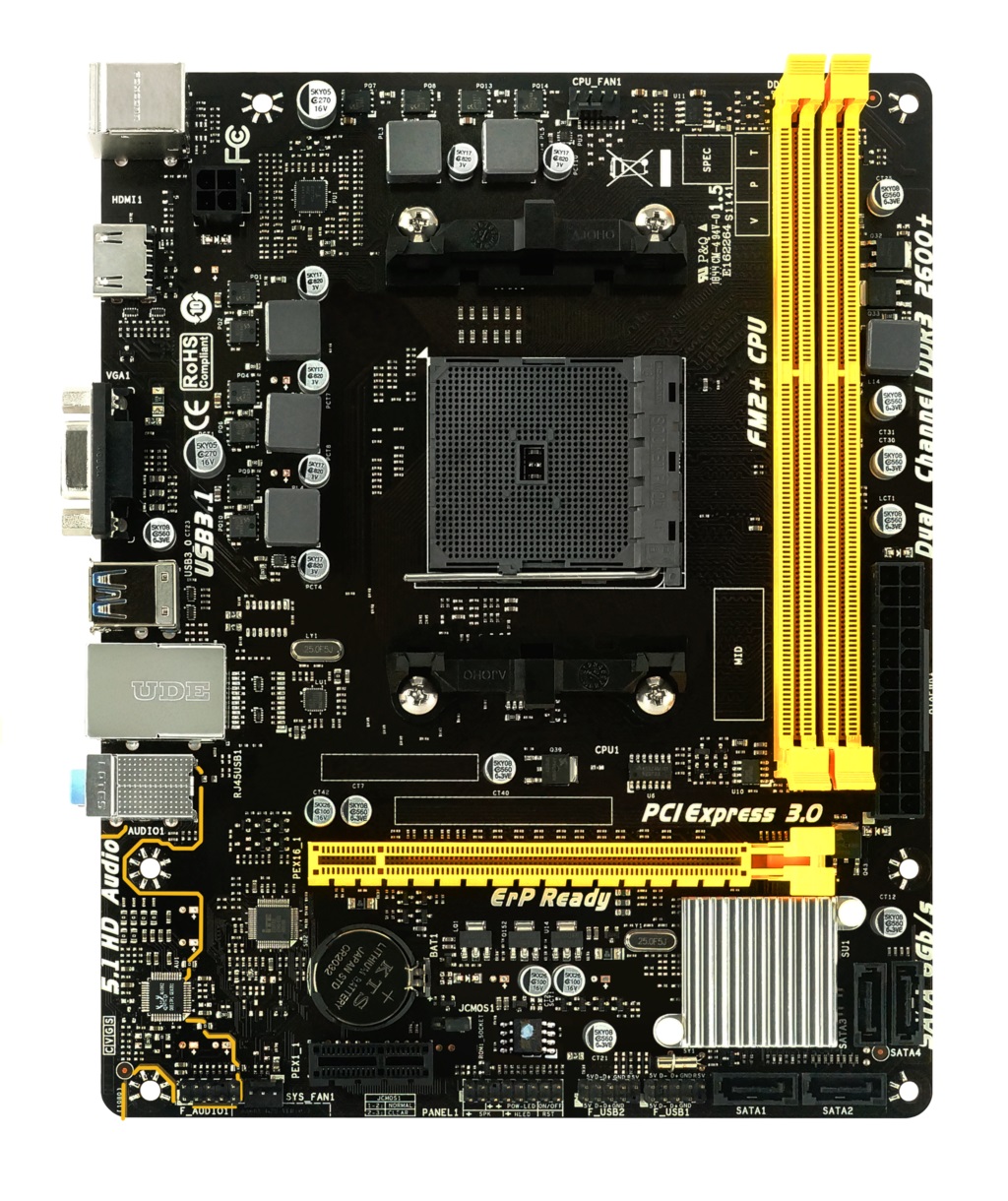 BIOSTAR A68MHE, Socket FM2/FM2+, AMD A68H, Dual 2xDDR3-2600, APU AMD graphics, VGA, HDMI, 1xPCIe X16, 4xSATA3(6Gb/s), RAID, 1xPCIe X1, ALC662 5.1ch HDA, GigaBit LAN, 2xUSB3.2, 100W, mATX photo 1