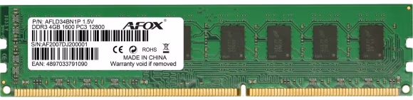 8GB DDR3-1600 AFOX, PC12800, CL11, 512Mx8, 240-pin, 1.5V, Retail
