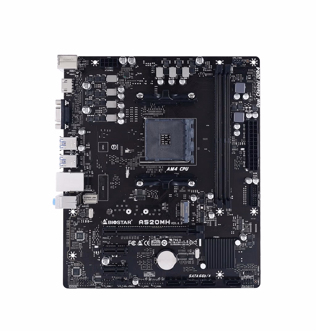 BIOSTAR A520MH, Socket AM4, AMD A520, Dual 2xDDR4-4933, APU AMD graphics, VGA, HDMI, 1xPCIe X16, 4xSATA3, RAID, 1xM.2 Slot, 2xPCIe X1, ALC887 HDA, GbE LAN, 6xUSB3.2, mATX
