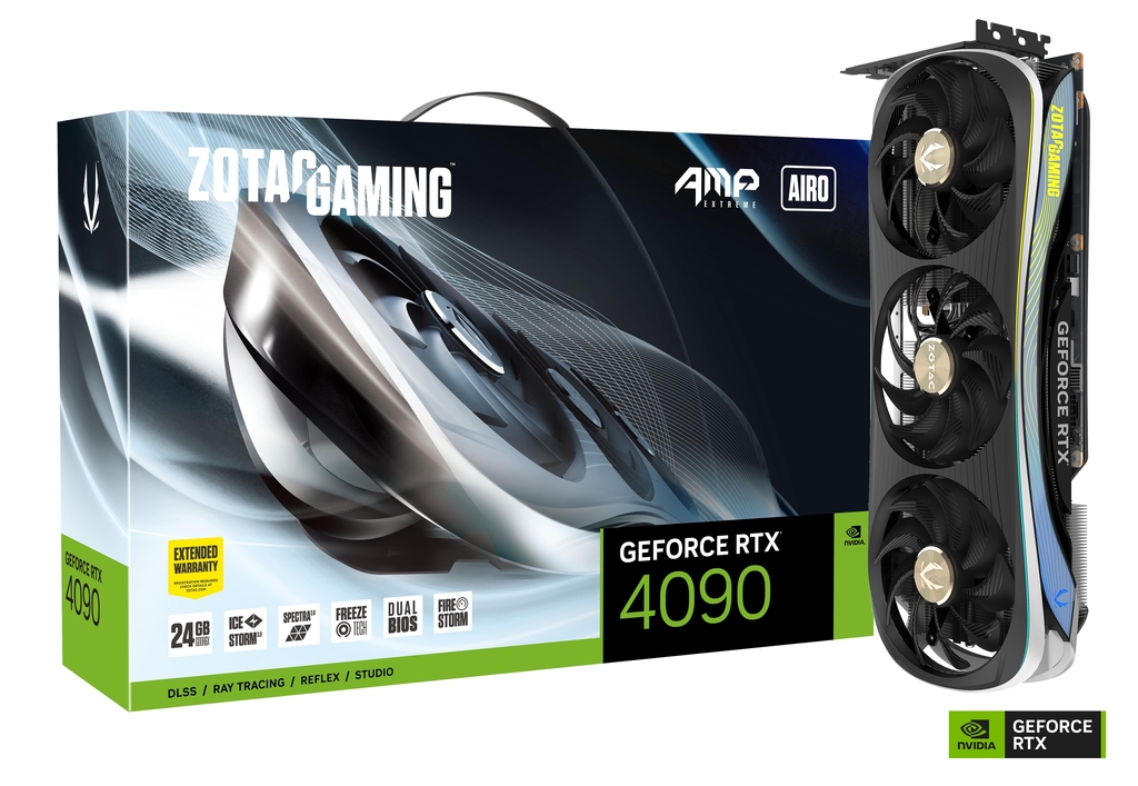 ZOTAC GeForce RTX 4090 AMP Extreme AIRO 24GB GDDR6X, 384bit, 2580/21000Mhz, Ada Lovelace/DLSS3, PCIeX16 4.0, 1xHDMI, 3xDP, AIR Optimized Design, Triple Fan / IceStorm 3.0, Active Fan Control/FREEZE Fan Stop/Dual Bios, SPECTRA 2.0 RGB Lightning, Metal RGB  photo 1
