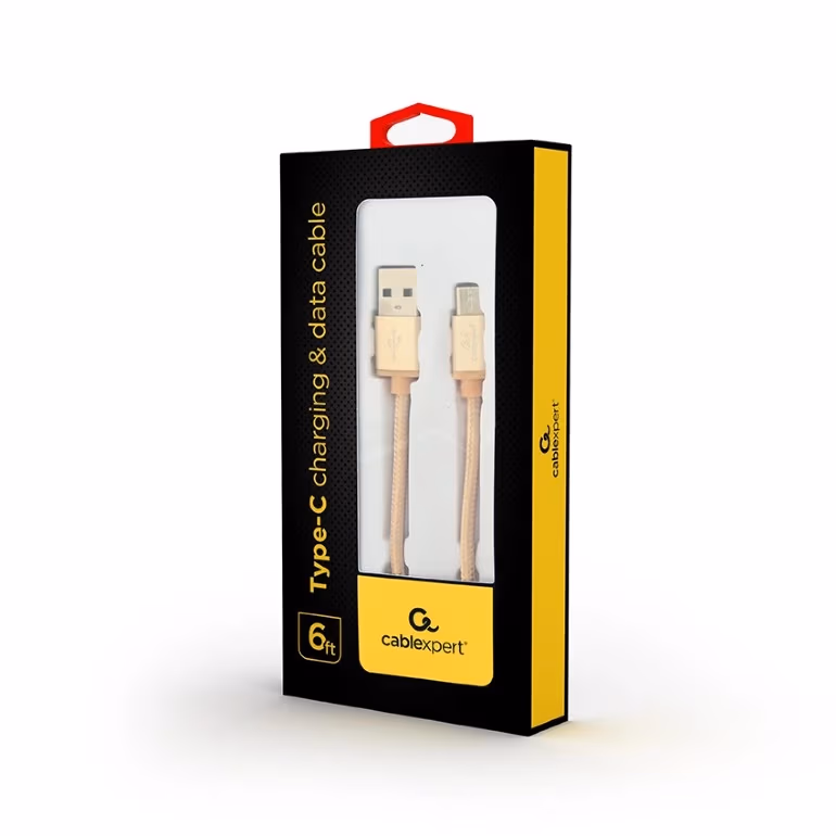 Cable USB2.0/Type-C Cotton braided - 1.8m - Cablexpert CCB-mUSB2B-AMCM-6-G, Gold, USB 2.0 A-plug to type-C plug, blister 