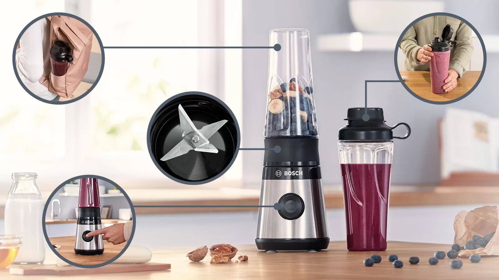 Blender pentru smoothie Stationar Bosch MMB2111M Negru cu inox / Da viteze / 650 ml photo 3