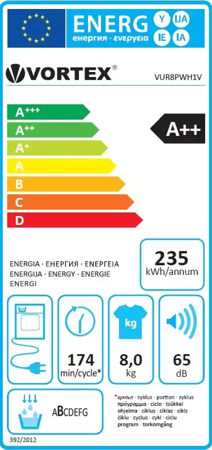 Сушильная машина с тепловым насосом Vortex VUR8PWH1V, С тепловым насосом, 8 кг, A++, Белый