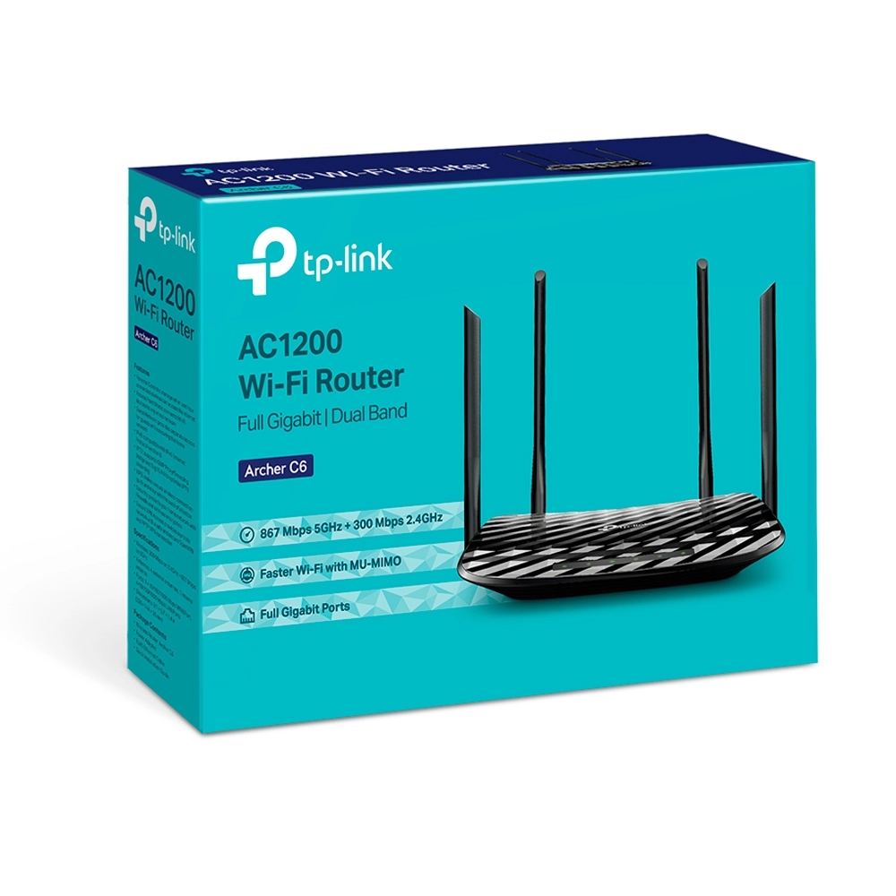 TP-LINK  Archer C6  AC1200 Dual Band Wireless Gigabit Router, Atheros, 867Mbps at 5Ghz + 300Mbps at 2.4Ghz, 802.11ac/a/b/g/n, MU-MIMO, 1 Gigabit WAN + 4 Gigabit LAN, Wireless On/Off and WPS button, 4 external antennas + 1 internal antenna