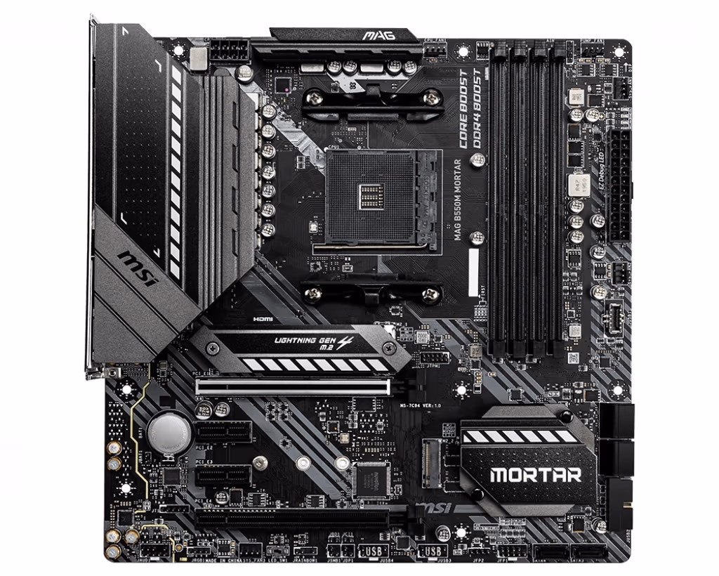 MSI MAG B550M MORTAR, Socket AM4, AMD B550, Dual 4xDDR4-4400, APU AMD graphics, HDMI, DP, 2xPCIe4.0 X16, 6xSATA3, RAID, 2xM.2 Gen4.0 x4, 2xPCIe X1, ALC1220 HDA, S/PDIF, 2.5GbE LAN , 5xUSB3.2 Gen1, 2xUSB3.2 Gen2(TypeA+C), RGB Mystic Light, mATX 