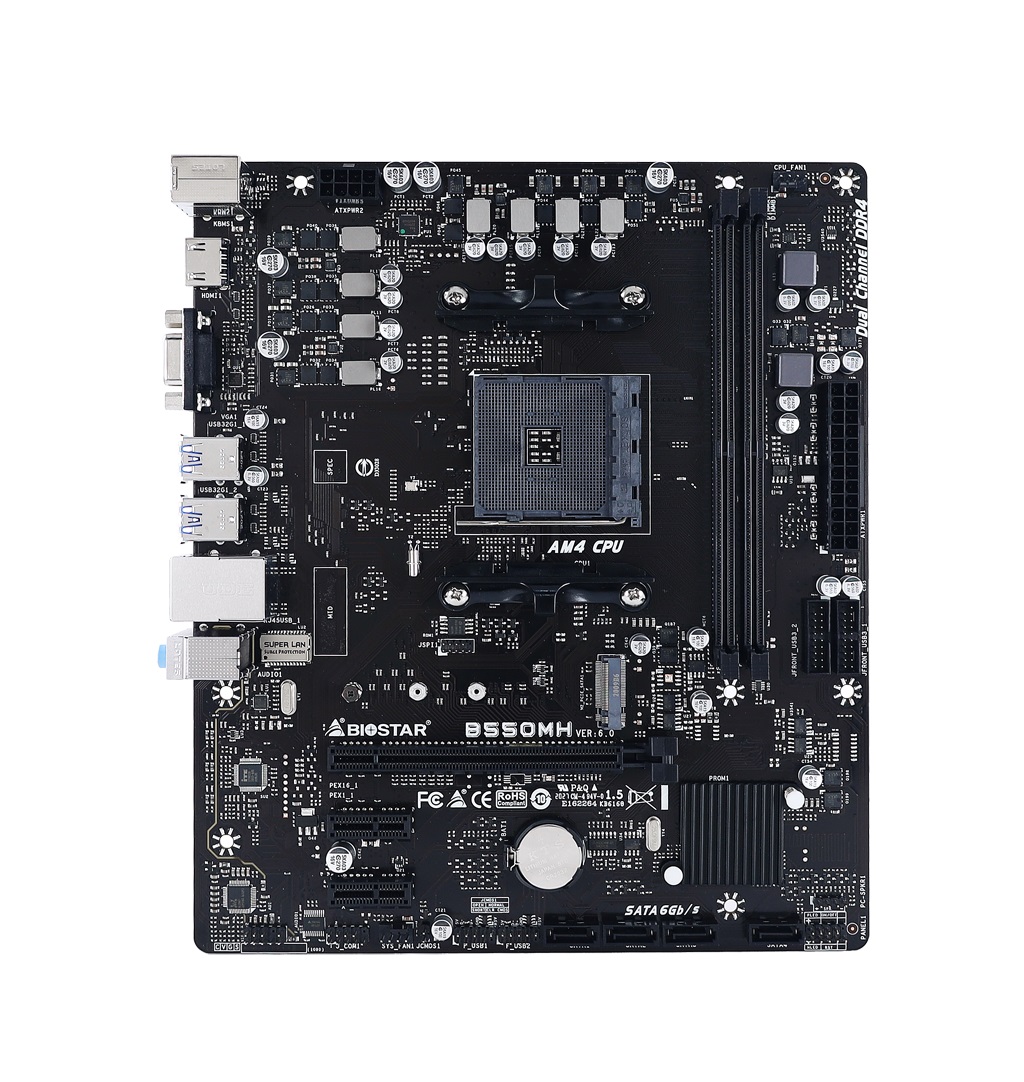 BIOSTAR B550MH, Socket AM4, AMD B550, Dual 2xDDR4-4933+, APU AMD graphics, VGA, HDMI, 1xPCIe4.0 X16, 4xSATA3, RAID, 1x M.2 Gen4 x4(64Gb/s), 2xPCIe3.0 X1, ALC887 7.1 HDA, GbE LAN, 8xUSB3.2, mATX photo 1