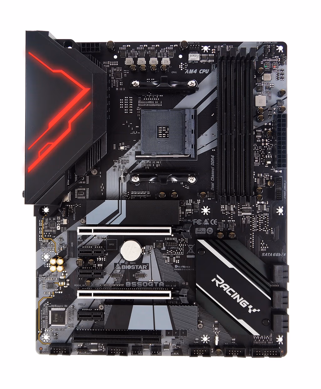 Biostar Racing B550GTA, Socket AM4, AMD B550, Dual 4xDDR4-4933+, APU AMD graphics, DVI, HDMI, DP, 2xPCIe4.0 X16, 6xSATA3, RAID, 2x M.2 Gen4 x4(64Gb/s), 3xPCIe3.0 X1, 1xPCI, ALC1150 7.1 HDA, 2.5GbE LAN, 6xUSB3.2, 2xTypeC+A 3.2 Gen2, Vivid LED, ATX 