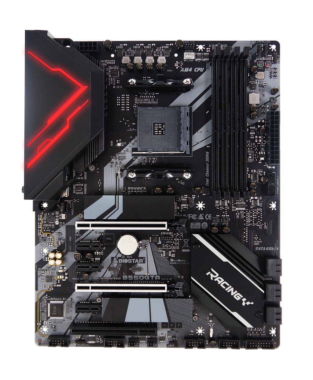 Biostar Racing B550GTA, Socket AM4, AMD B550, Dual 4xDDR4-4933+, APU AMD graphics, DVI, HDMI, DP, 2xPCIe4.0 X16, 6xSATA3, RAID, 2x M.2 Gen4 x4(64Gb/s), 3xPCIe3.0 X1, 1xPCI, ALC1150 7.1 HDA, 2.5GbE LAN, 6xUSB3.2, 2xTypeC+A 3.2 Gen2, Vivid LED, ATX photo 1