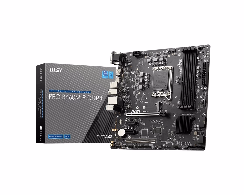 MSI PRO B660M-P DDR4, Socket 1700, Intel® B660 (13/12th Gen CPU), CPU graphics, VGA, HDMI, DP, Dual 4xDDR4-4600, 1xPCIe X16 4.0, 4xSATA3, RAID, 1xM.2 4.0, 1xM.2 E-key for Wi-Fi, 2xPCIe X1, ALC897 HDA 7.1, 1GbE LAN, 1xUSB-C, 3xUSB3.2, mATX 
