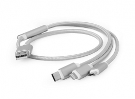 Cable USB2.0 combo (3 in 1) - 1m - Cablexpert CC-USB2-AM31-1M-S, 1 m, USB 2.0 A-plug to 8-pin male connector(for IPhone) + male MicroUSB connector + male USB-C connector, USB charging combo 3-in-1, Silver thumbnav 1