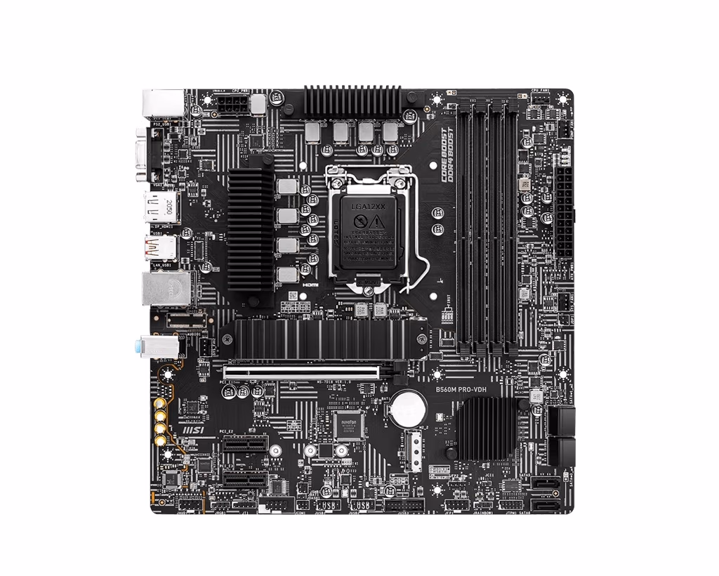 MSI B560M PRO-VDH, Socket 1200, Intel® B560 (11/10th Gen CPU), Dual 4xDDR4-5066, CPU Intel graphics, VGA, HDMI, DP, 1xPCIe X16 4.0, 6xSATA3, 2xM.2 slot, 2xPCIeX1, ALC897 HDA, 1x2.5GbE LAN, 2xUSB 3.2Gen2, 4xUSB3.2, RGB Led, mATX 