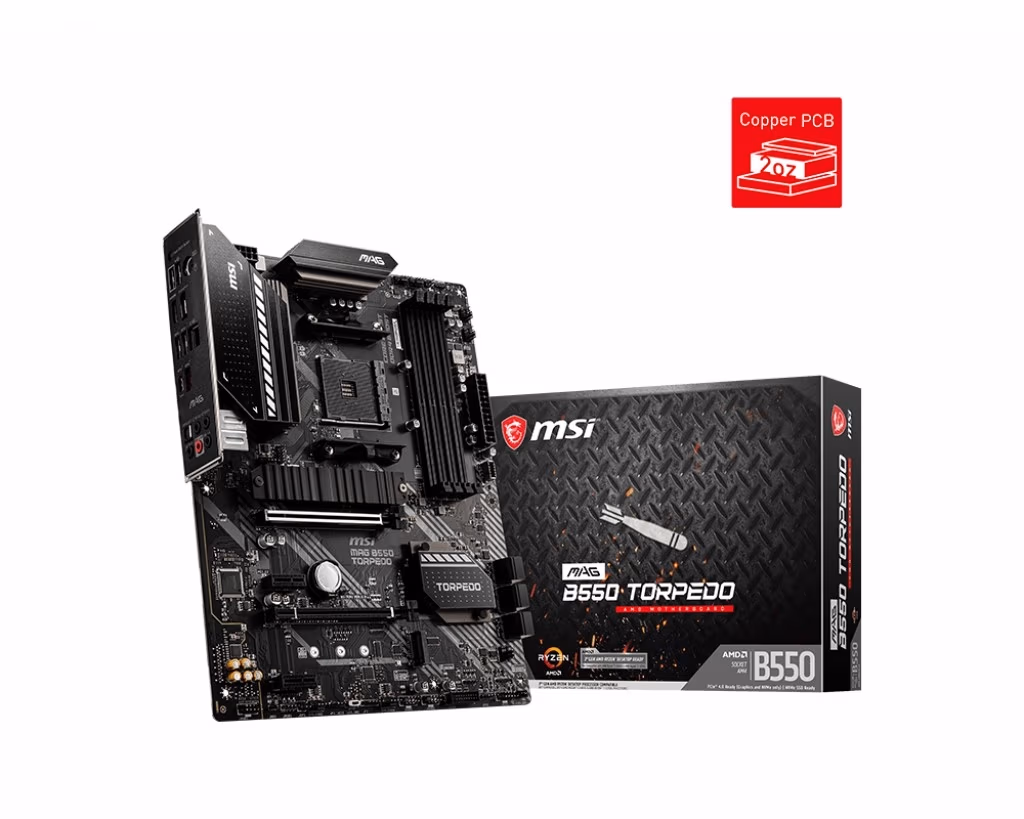 MSI MAG B550 TORPEDO, Socket AM4, AMD B550, Dual 4xDDR4-5100+, APU AMD graphics, HDMI, DP, 2xPCIe4.0 X16, 6xSATA3, RAID, 2xM.2 Gen4.0 x4, 2xPCIe X1, ALC1220 HDA, S/PDIF, 1x2.5GbE, 2xUSB3.2 Gen2(TypeA+C), 5xUSB3.2, RGB Mystic Light, ATX 