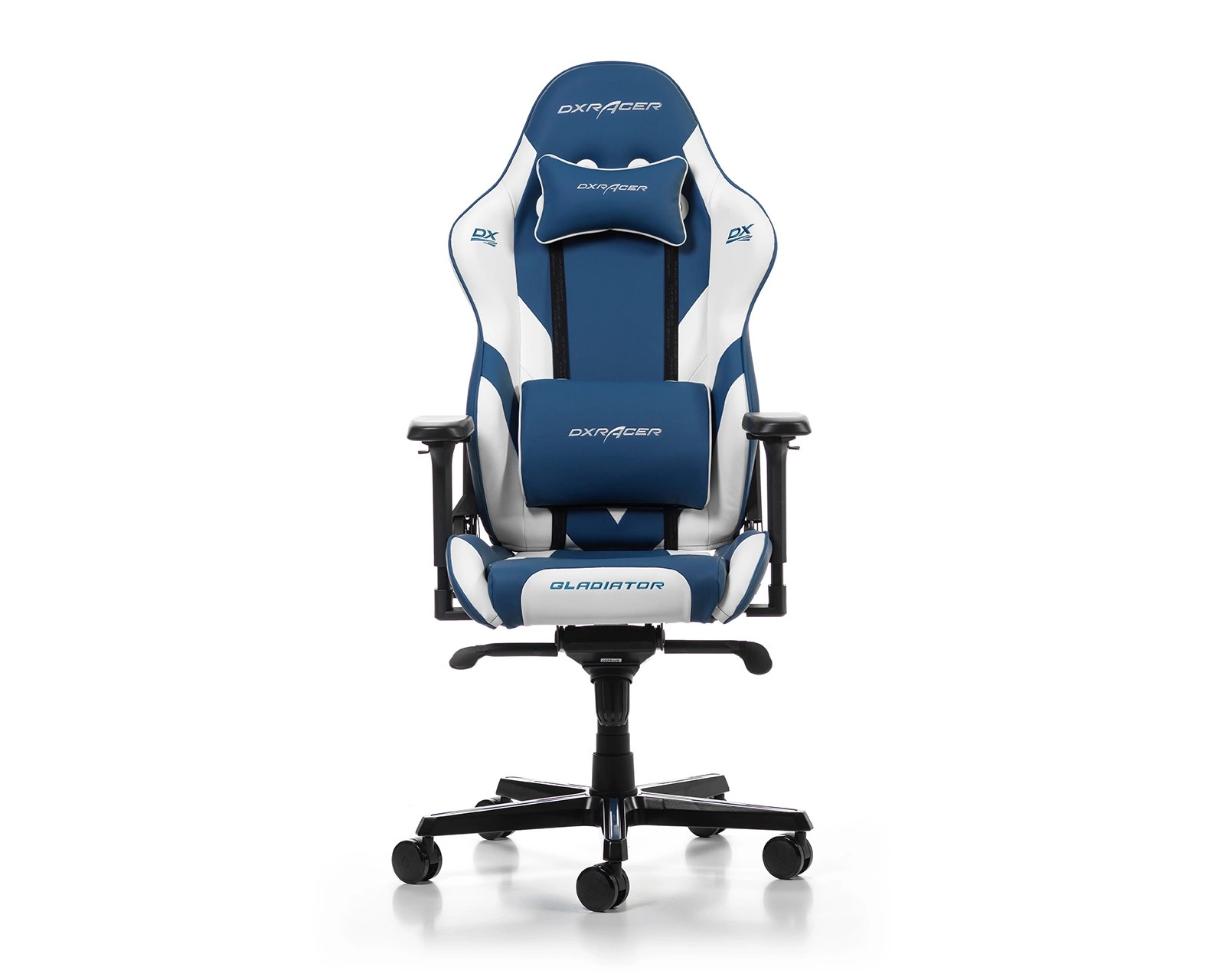 Gaming/Office Chair DXRacer Gladiator GC-G001-BW-BX2, Blue/White, Gaslift class 4, Premium PU leather, max weight up to 150kg / height 165-200cm, Tilt lock, Recline 90°-135°, 4D Armrests, Headrest and lumbar cushions, Aluminium wheelbase, 7.5 cm PU Caster photo 1