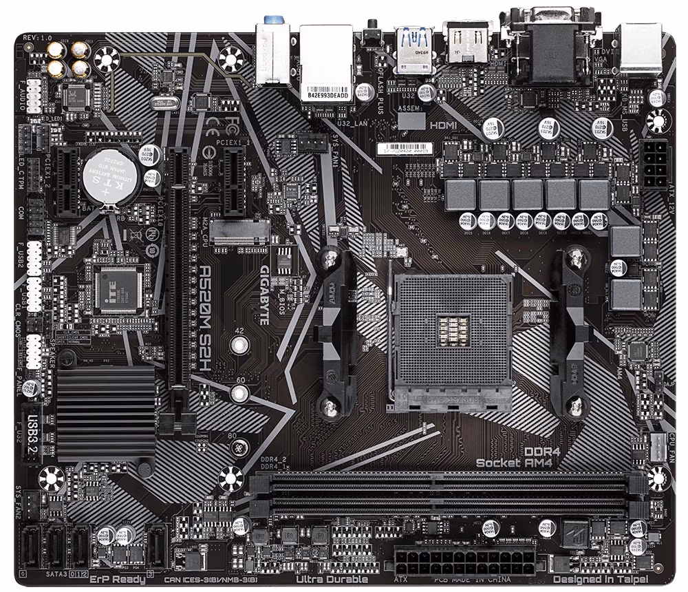 GIGABYTE GA-A520M-S2H, Socket AM4, AMD A520, Dual 2xDDR4-5100, APU AMD graphics, VGA, DVI, HDMI, 1xPCIe X16, 4xSATA3, RAID, 1xM.2, 2xPCIe X1, ALC887 HDA, GbE LAN, 6xUSB3.2, RGB Fusion 2.0, mATX 