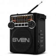SVEN SRP-355 Black, FM/AM/SW Radio, 3W RMS, 8-band radio receiver, built-in audio files player from USB-fash, microSD and SD card storage devices, telescopic swivel antenna, built-in battery
