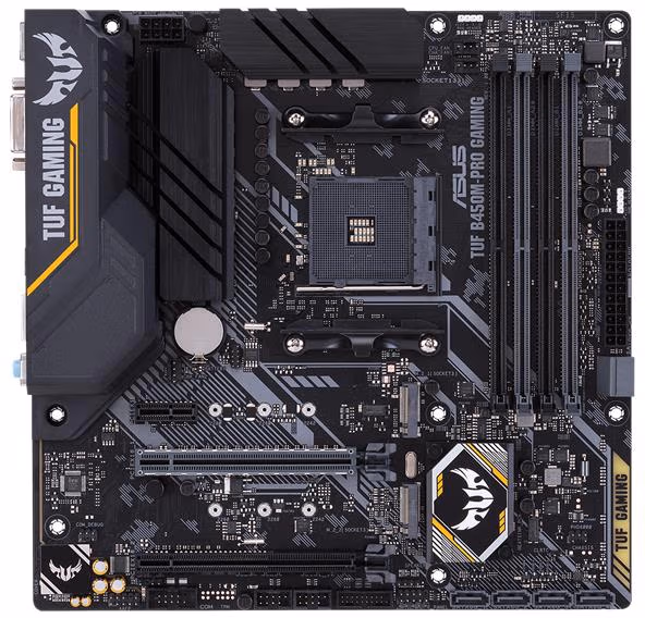 ASUS TUF GAMING B450M-PRO, Socket AM4, AMD B450, Dual 4xDDR4-4400, APU AMD graphics, DVI, HDMI, 2xPCIe X16, 6xSATA3, RAID, 2xM.2 slot, S1200A 7.1ch HDA, GbE LAN, 1xUSB3.1 Gen 2, 5xUSB3.1 (1xType-C & 4xType-A), Aura Sync RGB, TUF comp, 24/7, mATX 