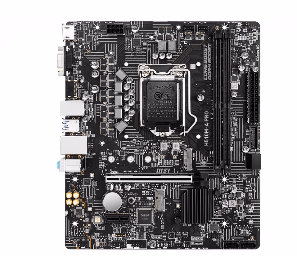 MSI H510M-A PRO, Socket 1200, Intel® H510 (11/10th Gen CPU), Dual 2xDDR4-3200, CPU Intel graphics, VGA, HDMI, 1xPCIe X16 4.0, 4xSATA3, 1xM.2 4.0,1xM.2 E-key(for Wi-Fi), 1xPCIe X1, ALC892 HDA, GbE LAN, 4xUSB3.2, mATX 