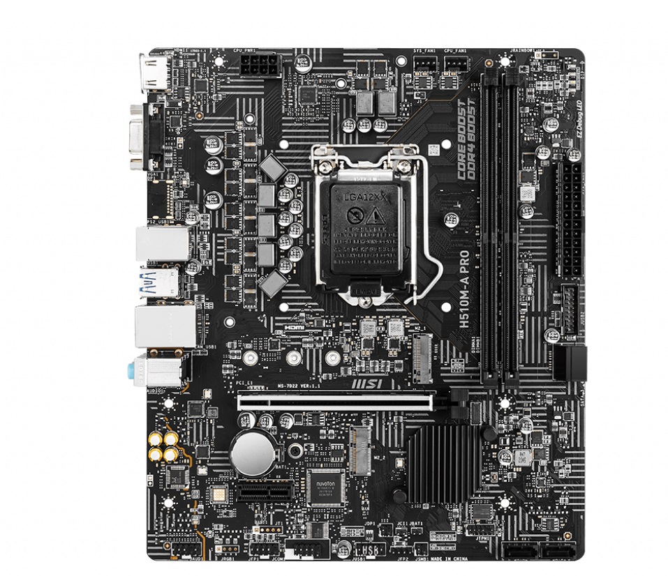 MSI H510M-A PRO, Socket 1200, Intel® H510 (11/10th Gen CPU), Dual 2xDDR4-3200, CPU Intel graphics, VGA, HDMI, 1xPCIe X16 4.0, 4xSATA3, 1xM.2 4.0,1xM.2 E-key(for Wi-Fi), 1xPCIe X1, ALC892 HDA, GbE LAN, 4xUSB3.2, mATX photo 1