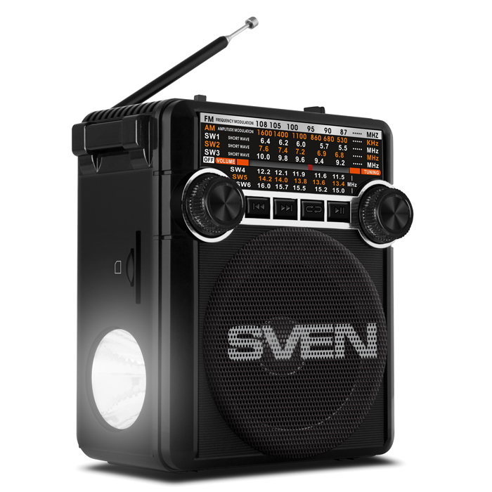 SVEN SRP-355 Black, FM/AM/SW Radio, 3W RMS, 8-band radio receiver, built-in audio files player from USB-fash, microSD and SD card storage devices, telescopic swivel antenna, built-in battery photo 3