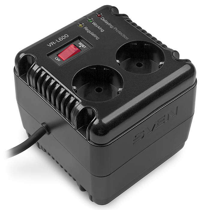 SVEN VR-L600, 200W, Automatic Voltage Regulator, 2x Schuko outlets, Input voltage: 184-285V, Output voltage: 230V ± 10%, diod indicators on the front panel, plastic body, Black photo 1