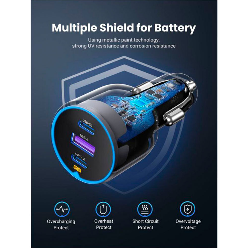 Зарядное устройство авто. для телефона Ugreen 75W 3-Port Car Charger Black photo 3