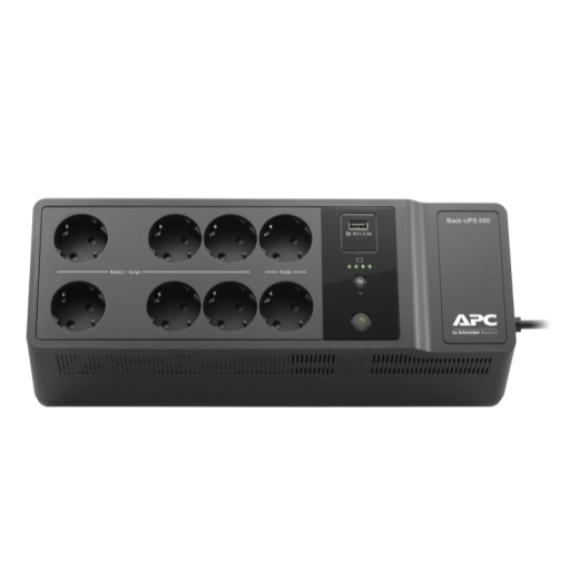 APC Back-UPS BE650G2-RS, 650VA/400W, 8 x CEE 7/7 Schuko (6 Battery Backup, all 6 Surge Protected), 1 x USB A charging port, RJ-45 Data Line Protection