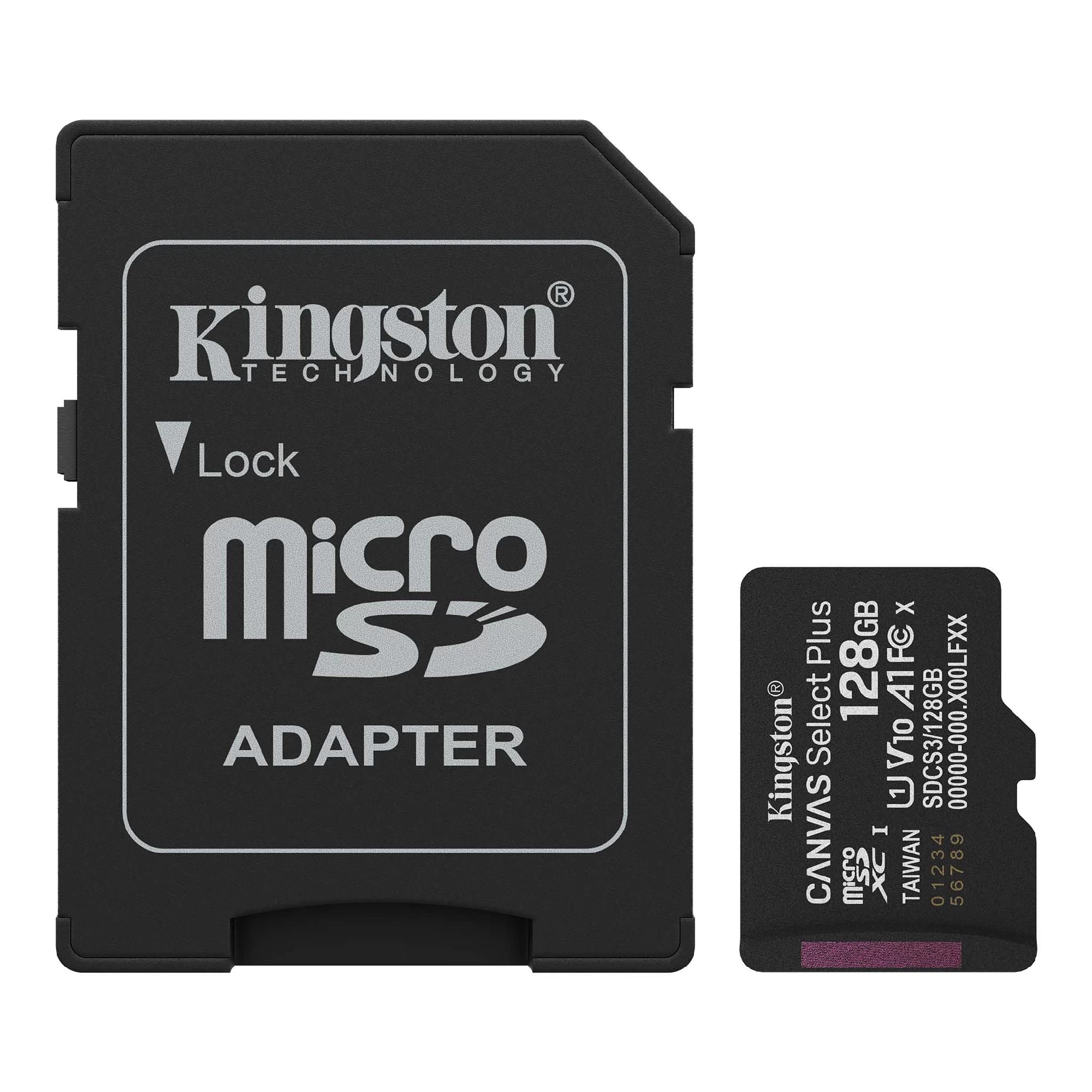 Карта памяти microSD  128GB Kingston Canvas Select Plus, 150MBps + SD adapter