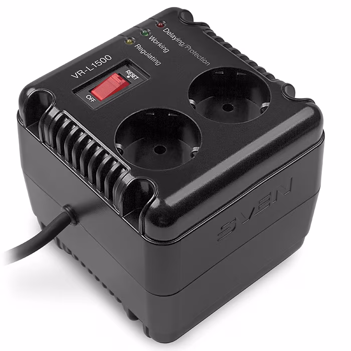 SVEN VR-L1500, 500W, Automatic Voltage Regulator, 2x Schuko outlets+1x ІЕС 320, Input voltage: 184-285V, Output voltage: 230V ± 10%, diod indicators on the front panel, plastic body, Black 