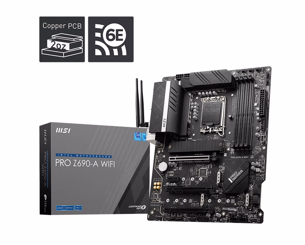 MSI PRO Z690-A WIFI, Socket 1700, Intel® Z690 (12th Gen CPU), CPU graphics, HDMI, DP, Dual 4xDDR5-6400, 3xPCIe X16 5.0, 6xSATA3, RAID, 4xM.2 4.0, 1xPCIe X1, ALC897 HDA 7.1, 2.5GbE LAN, WiFi6E/BT, 1xUSB-C 3.2Gen2x2, 2xUSB3.2Gen2(A+C), 6xUSB3.2, RGB Mystic  