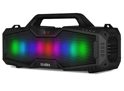 SVEN PS-480 Black, Bluetooth Portable Speaker, 24W RMS, Effective multi-colored lighting, LED display, FM tuner, USB & microSD, built-in lithium battery-2000 mAh, tracks control, AUX stereo input, Headset mode, micro USB or 5V DC power supply