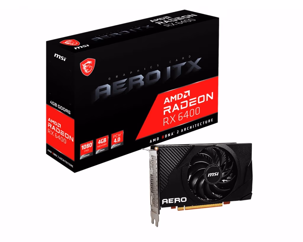 MSI Radeon RX 6400 AERO ITX 4G / 4GB GDDR6 64Bit 2321/16000Mhz, RDNA2, 6nm GPU, PCI-E 4.0, SP: 768Units, 1xHDMI, 1xDP, Single Fan, Custom PCB Design, Thermal Padding, Retail 