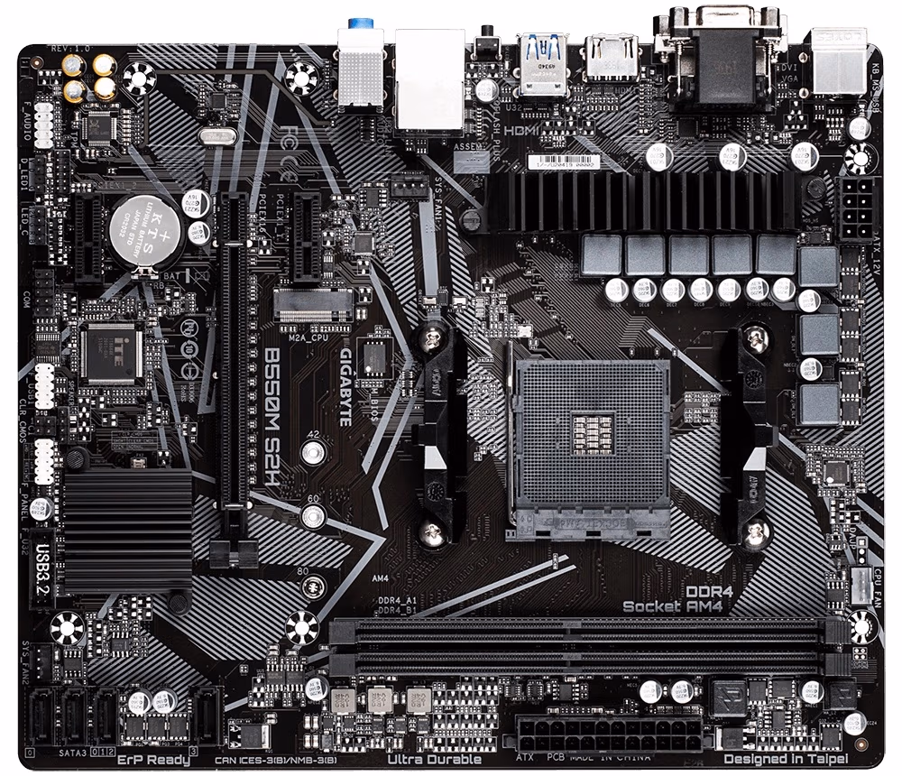 GIGABYTE B550M S2H, Socket AM4, AMD B550, Dual 2xDDR4-5100, APU AMD graphics, VGA, DVI, HDMI, 1xPCIe4.0 X16, 4xSATA3, RAID, 1xM.2PCIe 4.0, 2xPCIeX1, ALC887 HDA, GbE LAN, 6xUSB3.2, RGB Fusion 2.0, mATX 