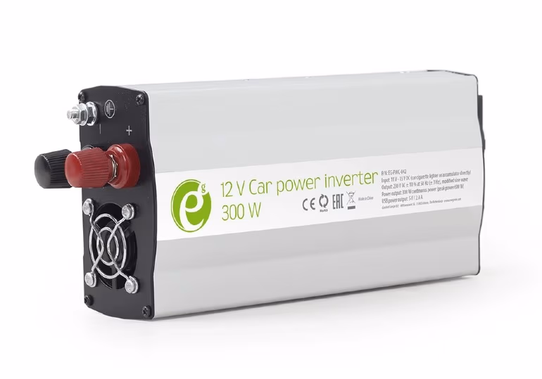 EnerGenie EG-PWC-042, 12V Car power inverter, 300W, with USB port / 5V-2.1A, Power output: 300 W continuous power (peak power 600 W), Output: 230 VAC, Input: 11-15 VDC (car cigarette lighter or accumulator directly)