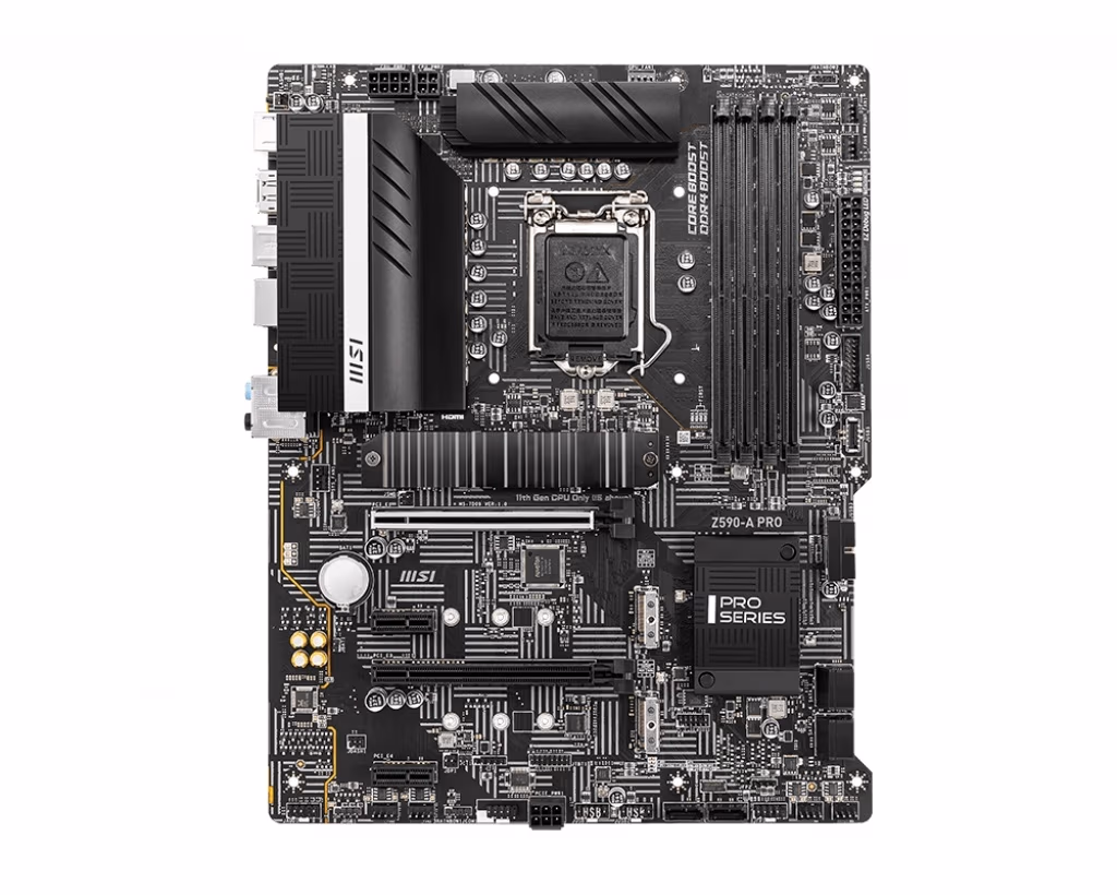 MSI Z590-A PRO, Socket 1200, Intel® Z590 (10th/11th Gen CPU), 12Phases,Dual 4xDDR4-5333,CPU graphics, DP, HDMI, 2xPCIeX16 4.0, 6xSATA3, RAID, 3xM.2PCIe4.0, 2xPCIeX1, ALC897 HDA, 2.5GbE LAN, 1xUSB3.2Gen2x2TypeC, 2xUSB3.2 Gen2 (Type-C&A), 6xUSB3.2, ATX 
